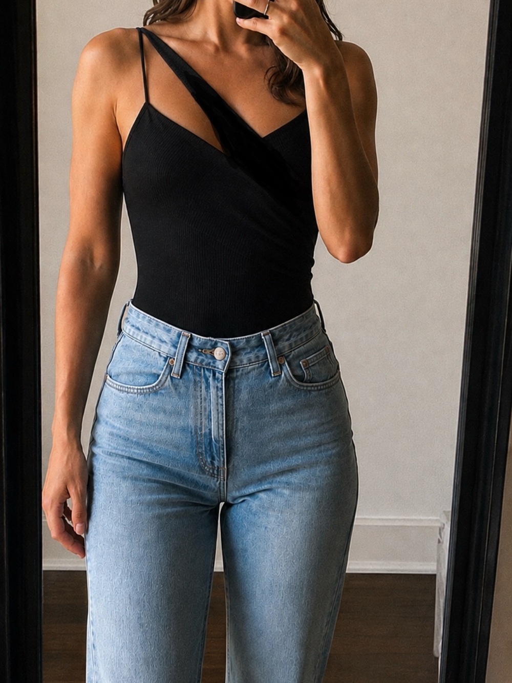 Women's Black Asymmetric Strap Bodysuit